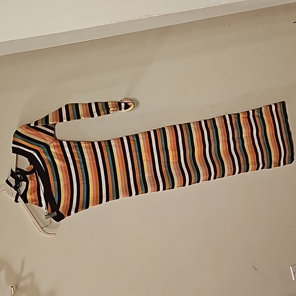 MONSE Rainbow Stripe Ribbed One Sleeve Merino Wool Blend Sweater Dress - Picture 2 of 2